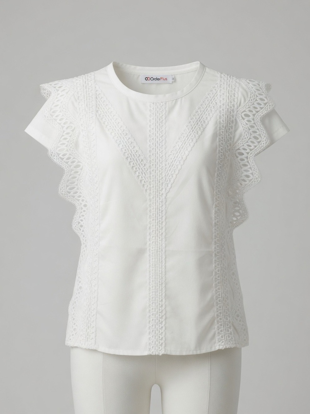 Order Plus White Lace-Trim Flutter Sleeve Blouse
